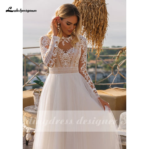 Baoleely Vintage Long Sleeve Boho Wedding Dresses  vestido de novia Lace High Neck Plus Size A Line Beach Bridal Gowns robe de mariee