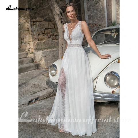 Robe de mariée bohème ivoire en dentelle fendue sur le côté, robe de mariée d'été 2021, sexy, col en V, ligne A, robe de mariée Vestido Playero