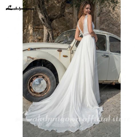 Robe de mariée bohème ivoire en dentelle fendue sur le côté, robe de mariée d'été 2021, sexy, col en V, ligne A, robe de mariée Vestido Playero