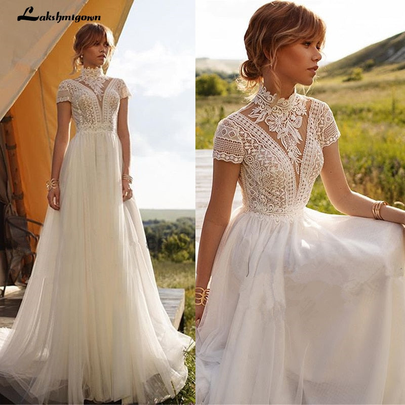 Baoleely Vintage Boho Wedding Dress Lace Tulle High Neck Cap Sleeves A Line Bohemian Bridal Gowns  Ivory ELegant Bride Dress