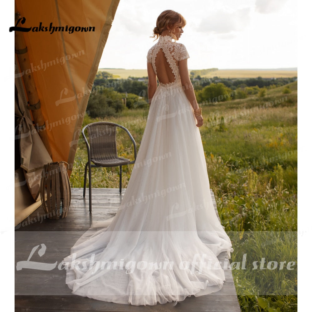 Baoleely Vintage Boho Wedding Dress Lace Tulle High Neck Cap Sleeves A Line Bohemian Bridal Gowns  Ivory ELegant Bride Dress