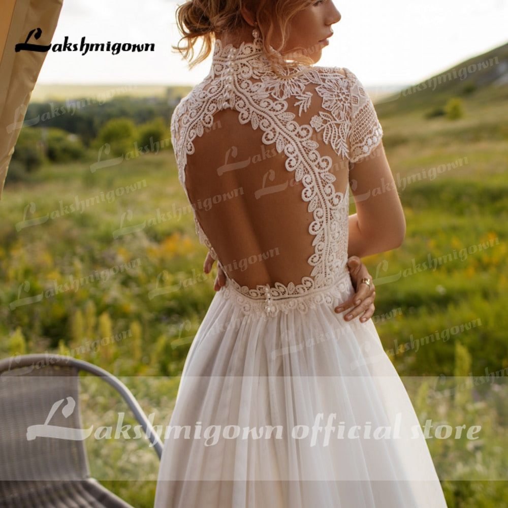 Baoleely Vintage Boho Wedding Dress Lace Tulle High Neck Cap Sleeves A Line Bohemian Bridal Gowns  Ivory ELegant Bride Dress
