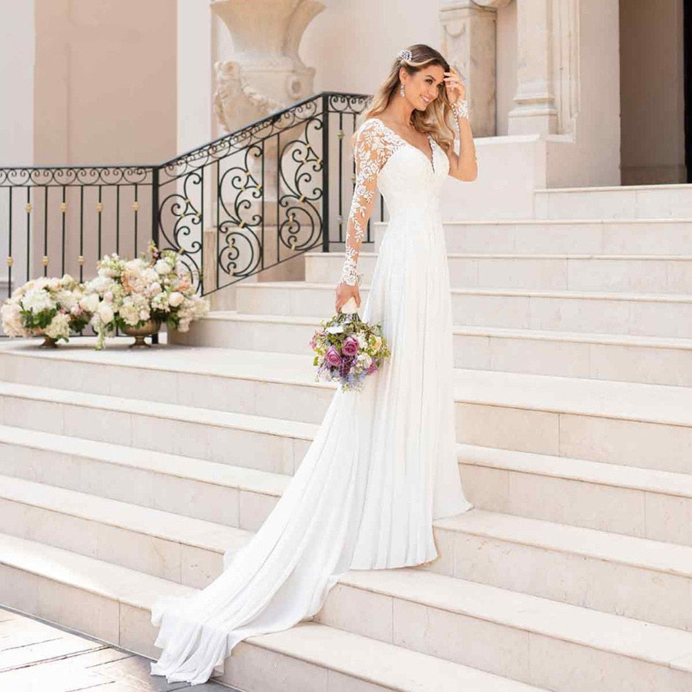 Baoleely V Neck Long Wedding Dresses with Sleeves Open Back White Lace Applique Bridal Dress For Wedding Party Vestidos De Novia A-line