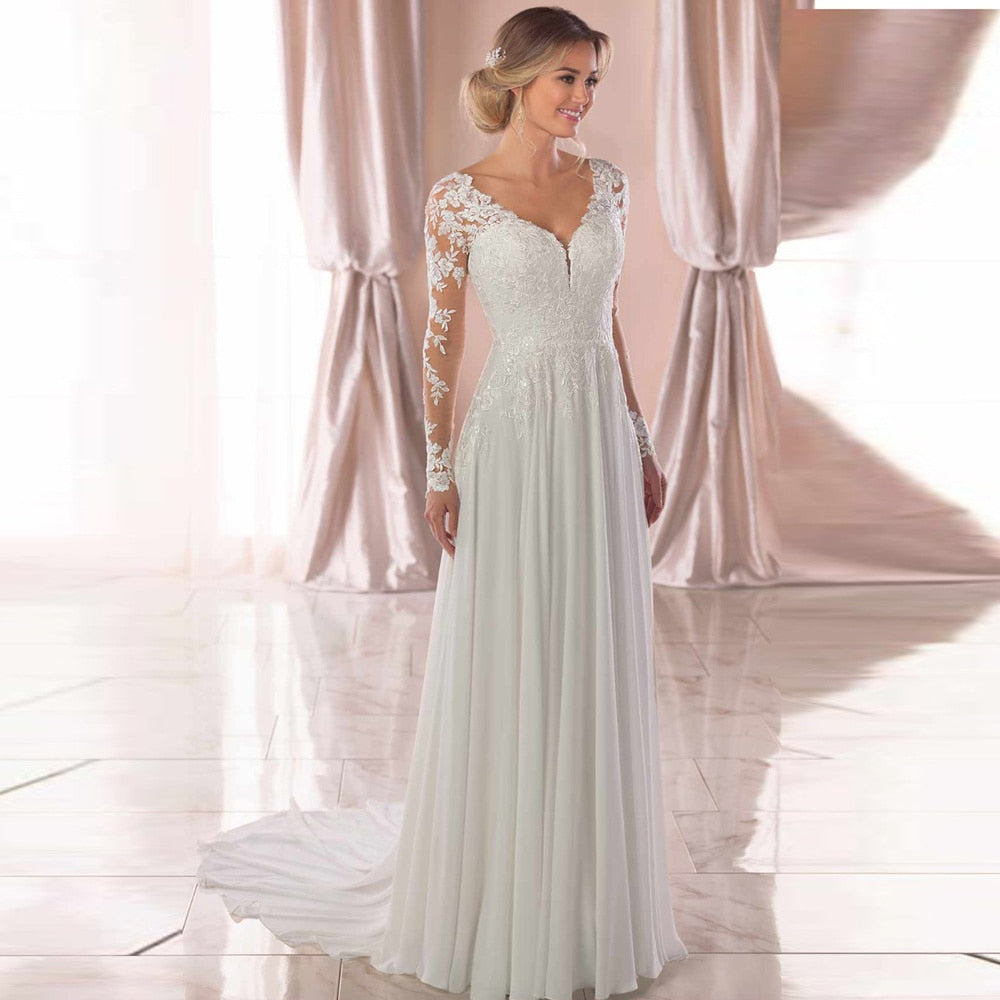 Baoleely V Neck Long Wedding Dresses with Sleeves Open Back White Lace Applique Bridal Dress For Wedding Party Vestidos De Novia A-line