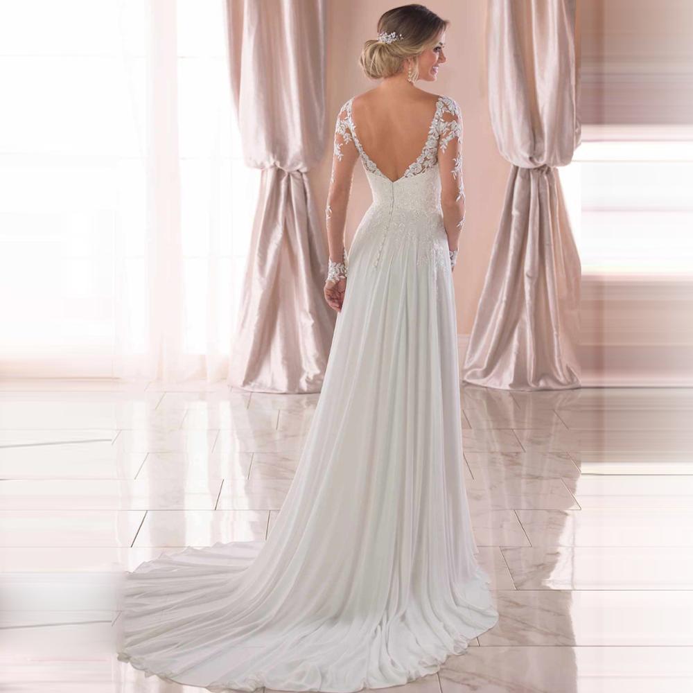 Baoleely V Neck Long Wedding Dresses with Sleeves Open Back White Lace Applique Bridal Dress For Wedding Party Vestidos De Novia A-line