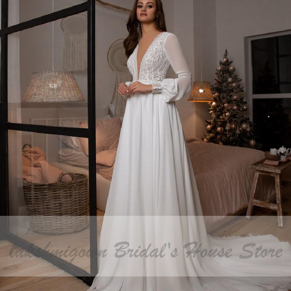 Baoleely Vestidos Boho Bridal Long Sleeve Wedding Dresses A Line  Robe Longue Simple Beach Chiffon Long Wedding Gowns Deep V-neck