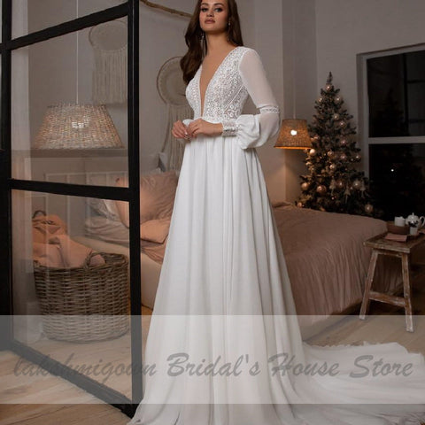 Baoleely Vestidos Boho Bridal Manches Longues Robes De Mariée A-Line Robe Longue Simple Plage Mousseline Longue Robes De Mariée Col V Profond