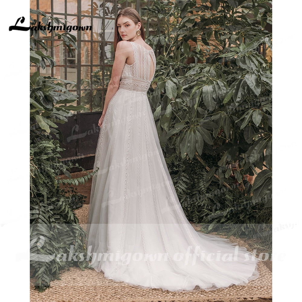 Baoleely Vestido De Noiva Elegant Beach Boho O Neck Lace Sleeveless Wedding Dresses Sexy Bohemian Bridal Gown vestido para boda playa