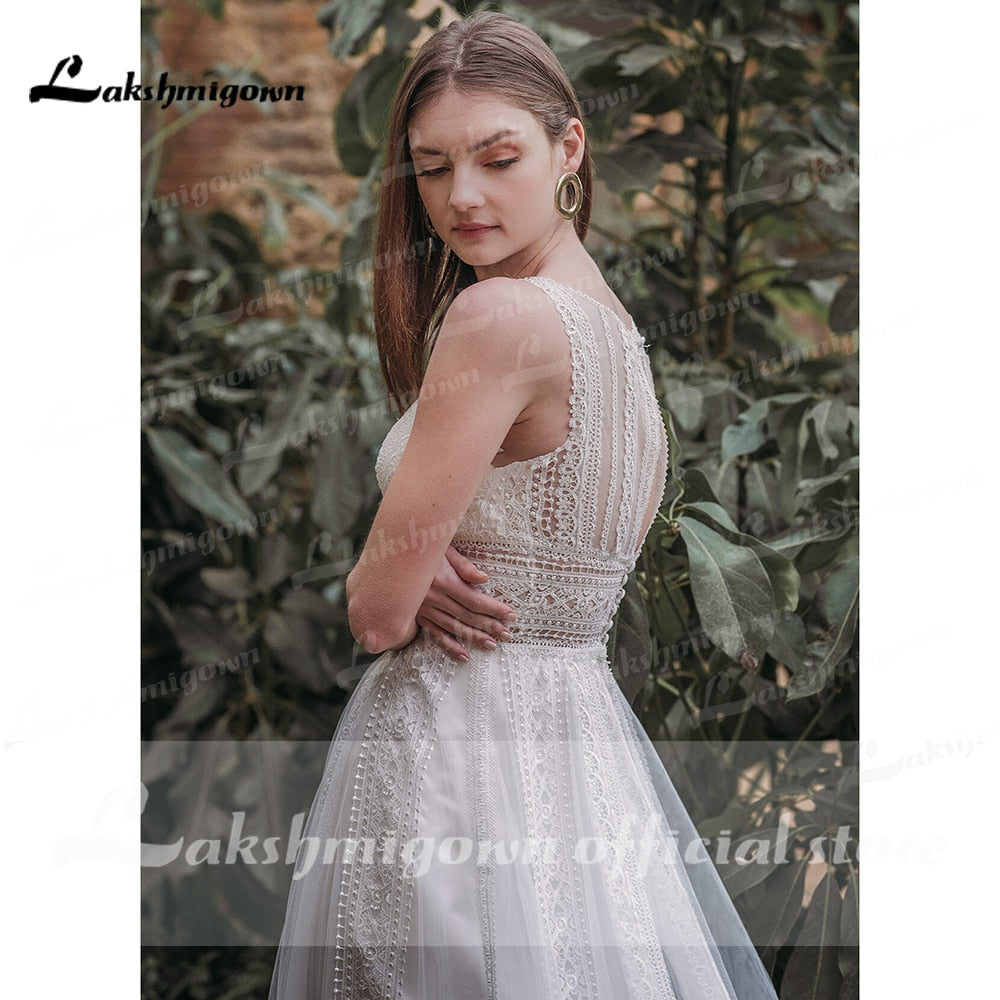 Baoleely Vestido De Noiva Elegant Beach Boho O Neck Lace Sleeveless Wedding Dresses Sexy Bohemian Bridal Gown vestido para boda playa