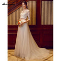 Baoleely Two Piece Wedding Dresses Jewel Neck Court Train Tulle Over Lace Corded Lace Half Sleeve Illusion Sleeve with Sashes/Ribbons