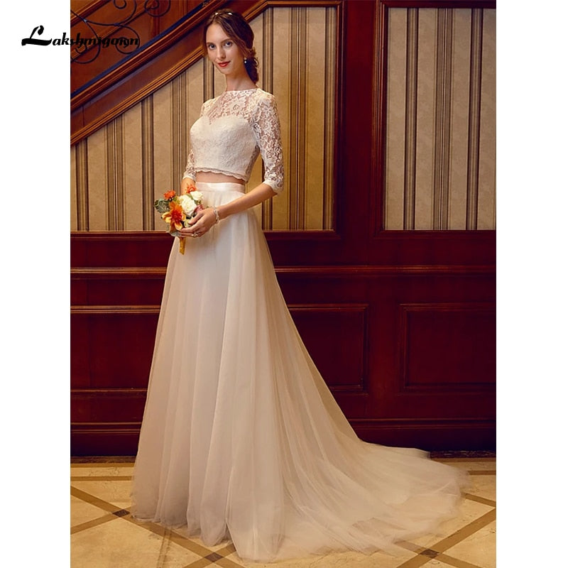 Baoleely Two Piece Wedding Dresses Jewel Neck Court Train Tulle Over Lace Corded Lace Half Sleeve Illusion Sleeve with Sashes/Ribbons