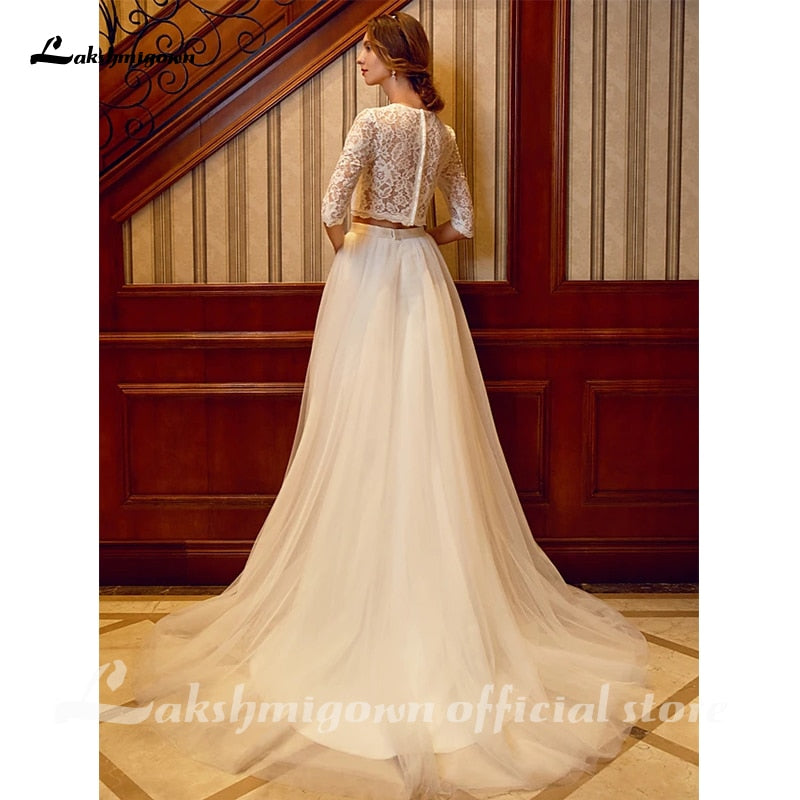 Baoleely Two Piece Wedding Dresses Jewel Neck Court Train Tulle Over Lace Corded Lace Half Sleeve Illusion Sleeve with Sashes/Ribbons