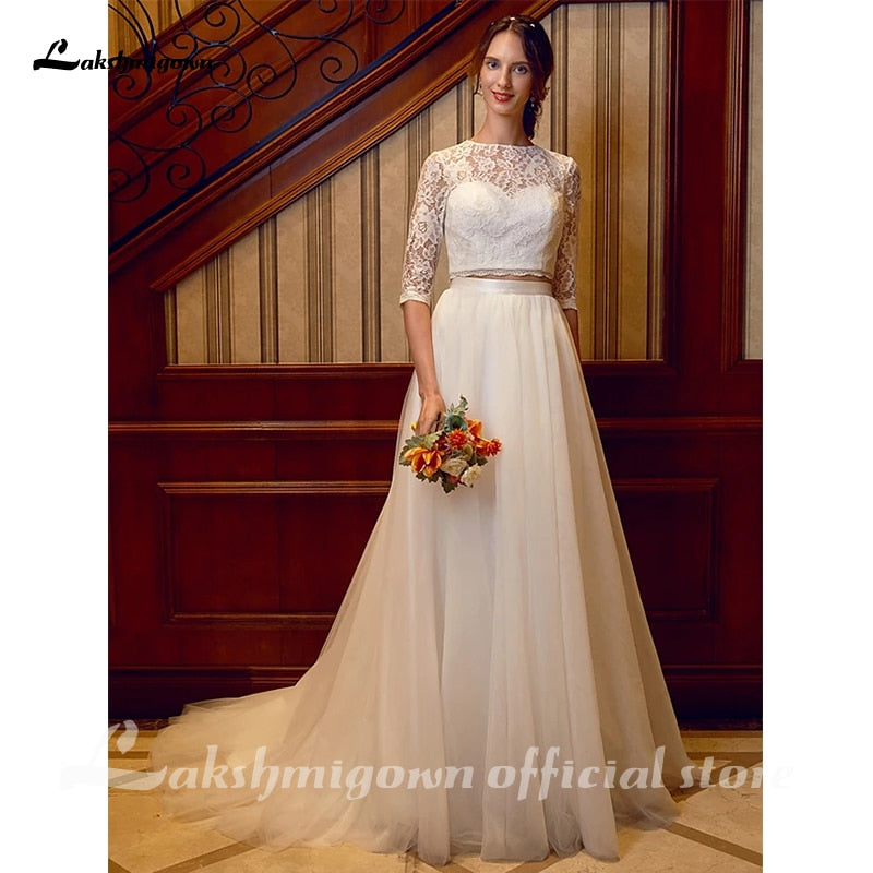 Baoleely Two Piece Wedding Dresses Jewel Neck Court Train Tulle Over Lace Corded Lace Half Sleeve Illusion Sleeve with Sashes/Ribbons