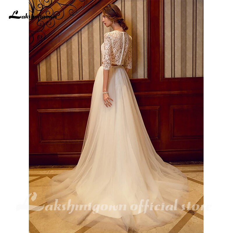Baoleely Two Piece Wedding Dresses Jewel Neck Court Train Tulle Over Lace Corded Lace Half Sleeve Illusion Sleeve with Sashes/Ribbons