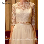 Baoleely Two Piece Wedding Dresses Jewel Neck Court Train Tulle Over Lace Corded Lace Half Sleeve Illusion Sleeve with Sashes/Ribbons