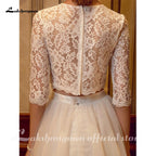 Baoleely Two Piece Wedding Dresses Jewel Neck Court Train Tulle Over Lace Corded Lace Half Sleeve Illusion Sleeve with Sashes/Ribbons