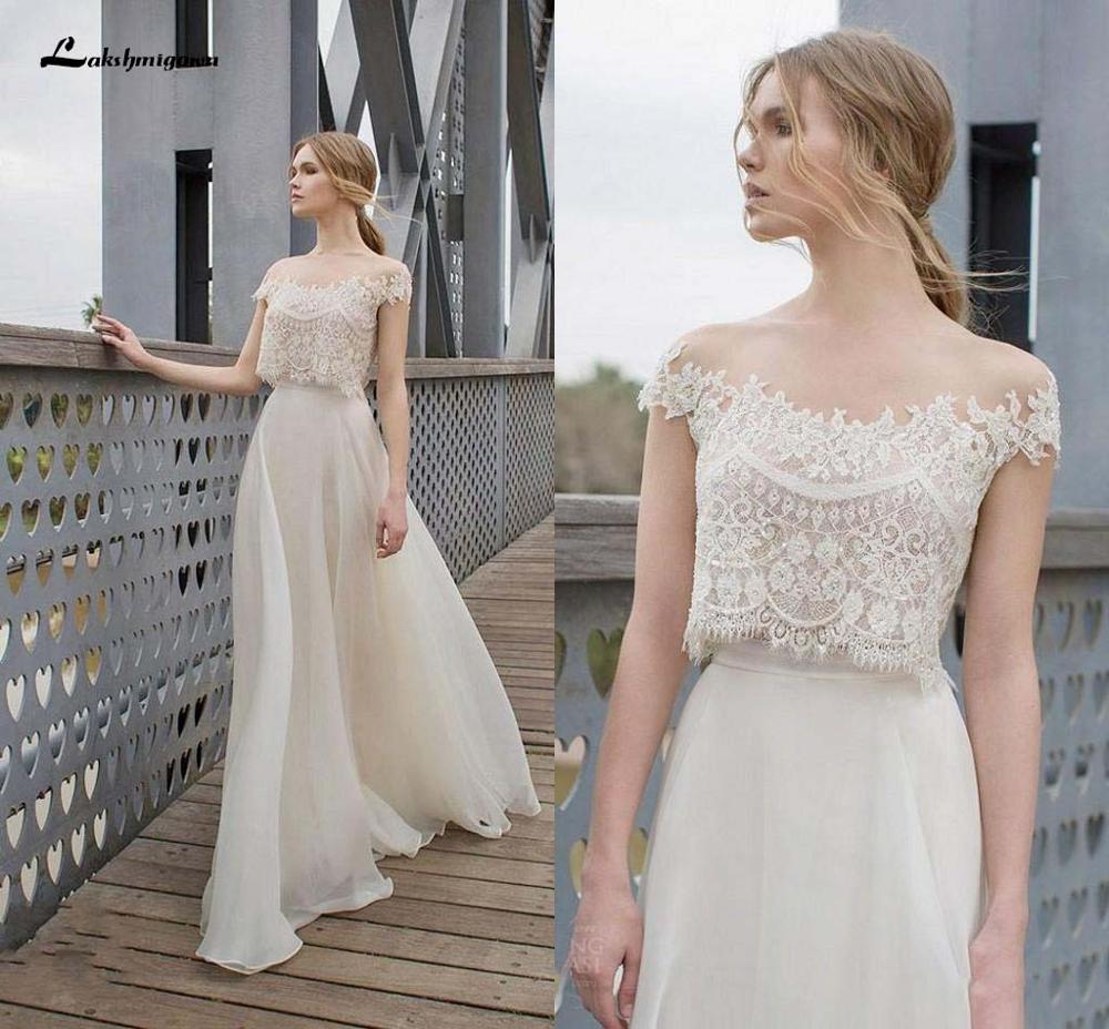 Baoleely Two Piece BOHO Wedding Dresses Lace Appliques Bodice Illusion Neckline Chiffon A Line Romantic Bohemian Bridal Dresses Summer