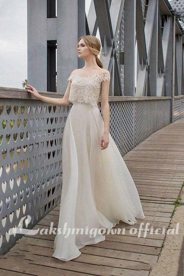 Baoleely Two Piece BOHO Wedding Dresses Lace Appliques Bodice Illusion Neckline Chiffon A Line Romantic Bohemian Bridal Dresses Summer