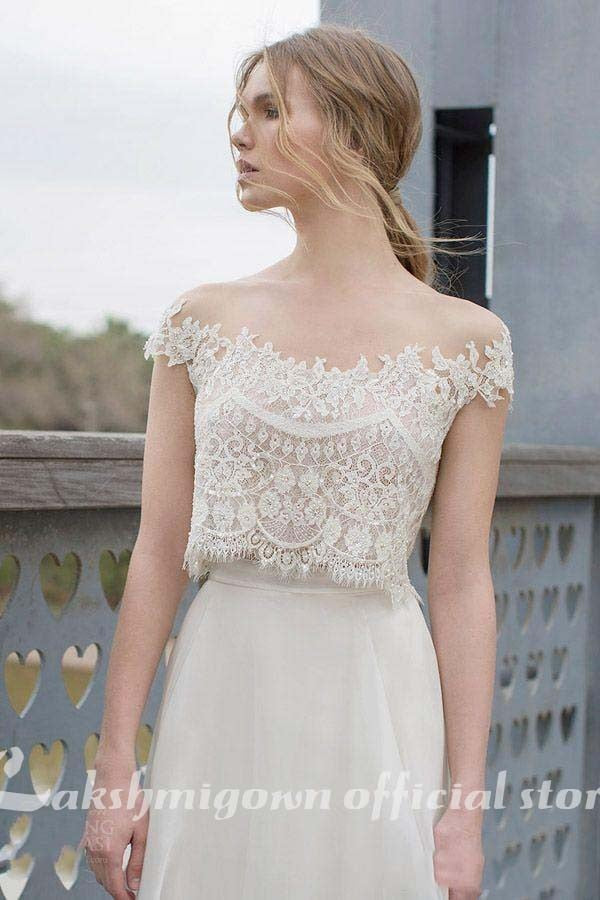 Baoleely Two Piece BOHO Wedding Dresses Lace Appliques Bodice Illusion Neckline Chiffon A Line Romantic Bohemian Bridal Dresses Summer