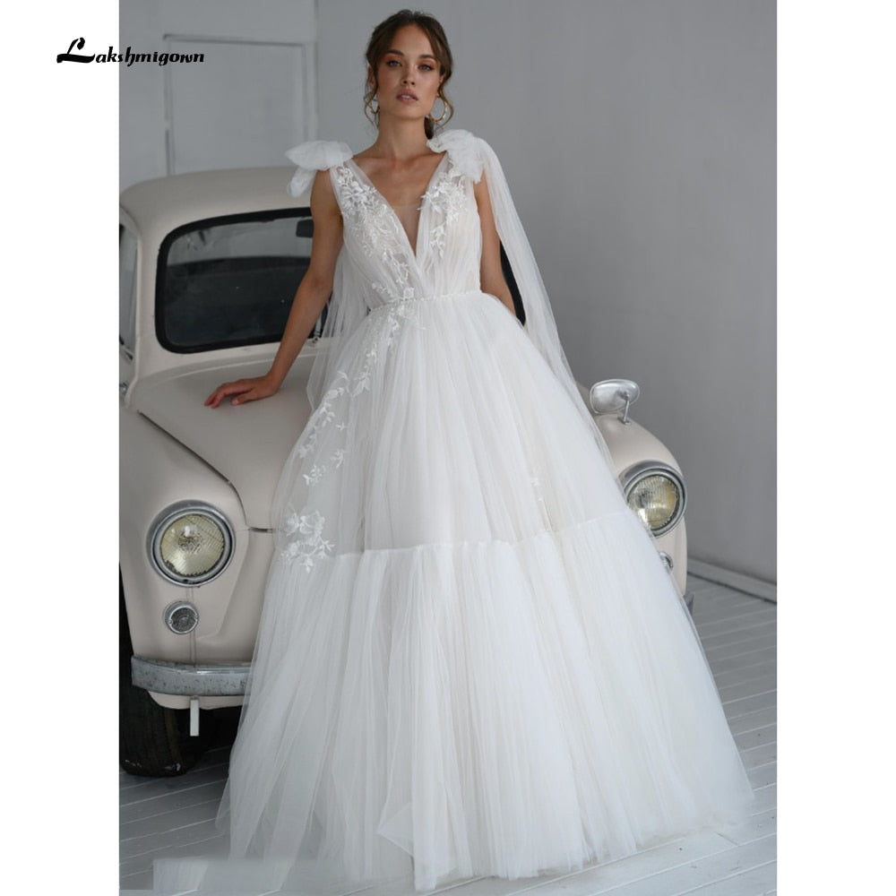 Baoleely vestido de novia  Lace Tulle Backless V Neck Bow Wedding Dresses Elegant V Shape Back robe de soirée de mariage Lakshmigown