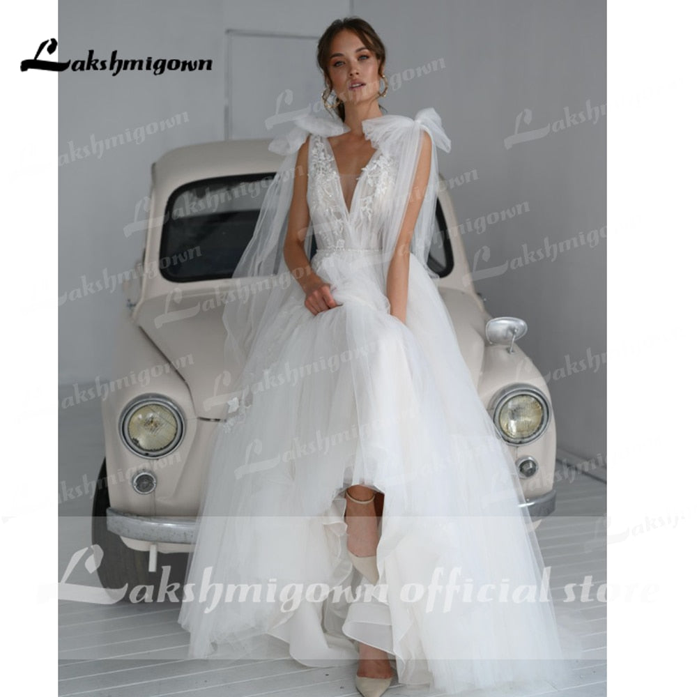 Baoleely vestido de novia  Lace Tulle Backless V Neck Bow Wedding Dresses Elegant V Shape Back robe de soirée de mariage Lakshmigown