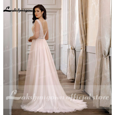 Roycebridal Robe de mariée en dentelle à col en V et dos nu, style bohème, coupe trapèze, rose blush, dos en V, élégante