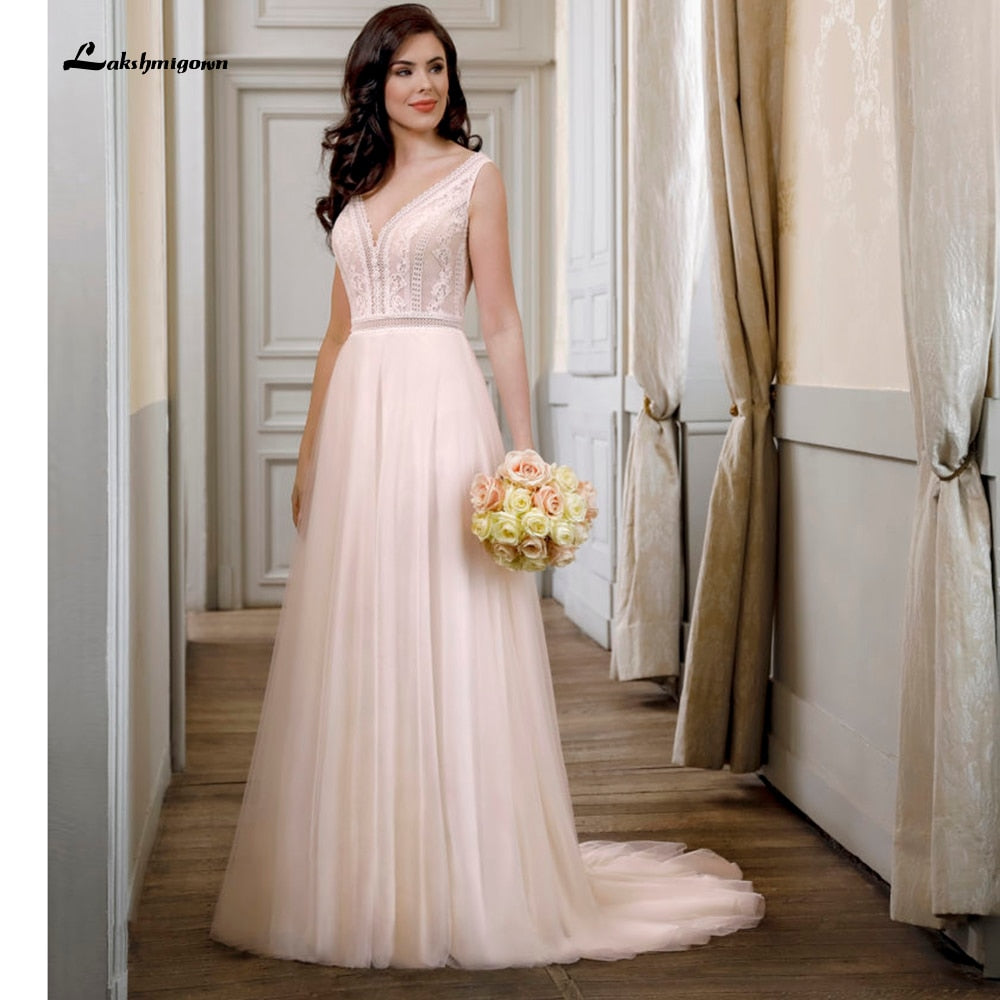 Baoleely Vestidos De Noiva V Neck Lace Backless Boho A Line Blush Pink Wedding Dress Bridal V Shape Back Elegant vestido para boda playa