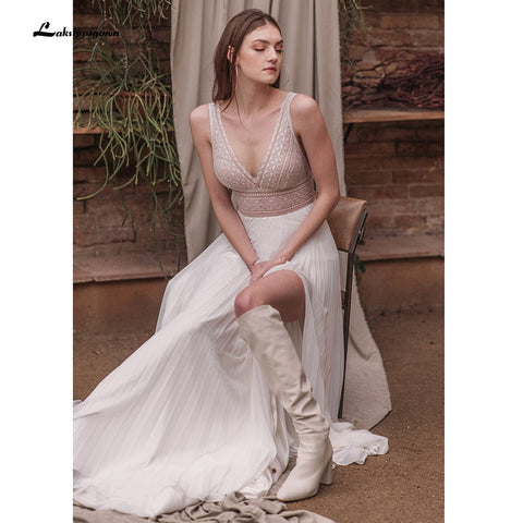 Baoleely robe de mariée sin espalda col en V profond Sexy dentelle haute manches fendues dos ouvert robes de mariée robe de fiesta de boda