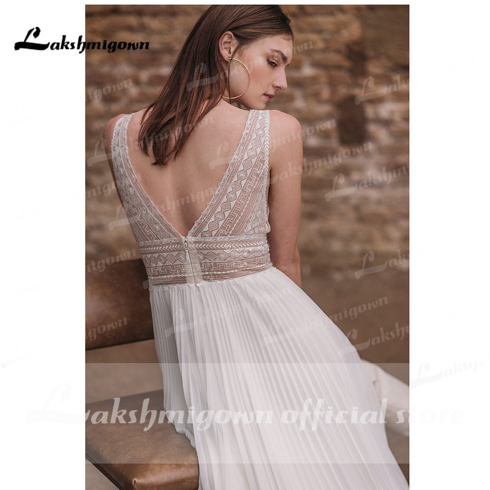 Baoleely vestido de novia sin espalda Deep V Neck Sexy Lace High Split Sleeveles Open Back Wedding Dresses vestido de fiesta de boda