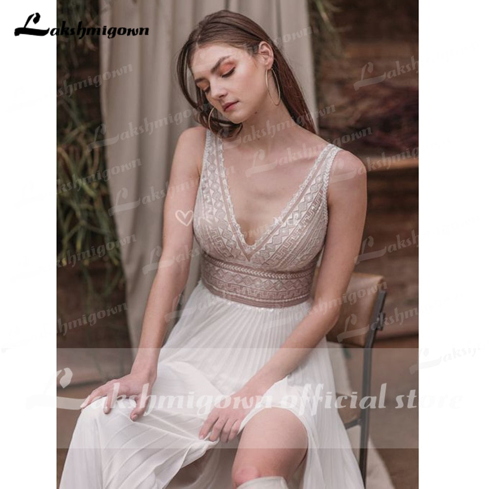 Baoleely vestido de novia sin espalda Deep V Neck Sexy Lace High Split Sleeveles Open Back Wedding Dresses vestido de fiesta de boda