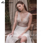 Baoleely vestido de novia sin espalda Deep V Neck Sexy Lace High Split Sleeveles Open Back Wedding Dresses vestido de fiesta de boda