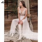 Baoleely vestido de novia sin espalda Deep V Neck Sexy Lace High Split Sleeveles Open Back Wedding Dresses vestido de fiesta de boda