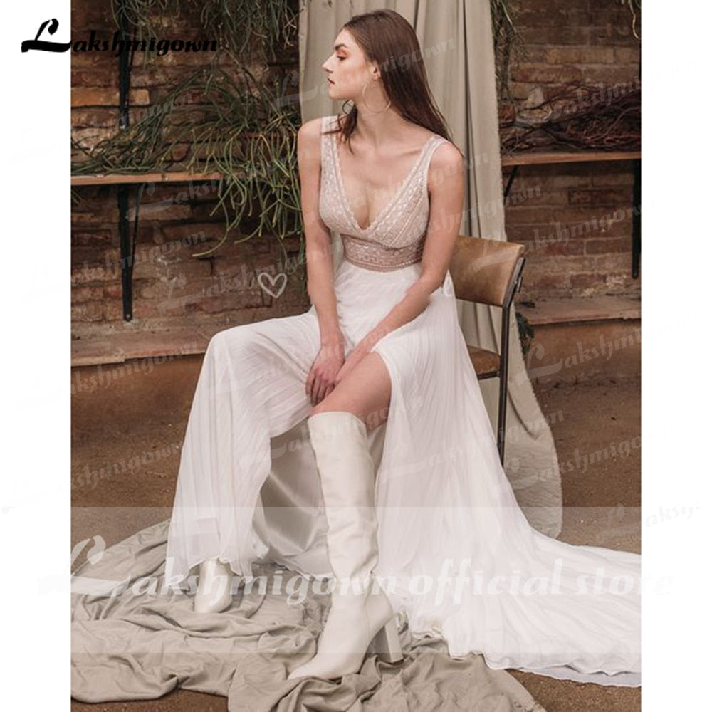 Baoleely vestido de novia sin espalda Deep V Neck Sexy Lace High Split Sleeveles Open Back Wedding Dresses vestido de fiesta de boda