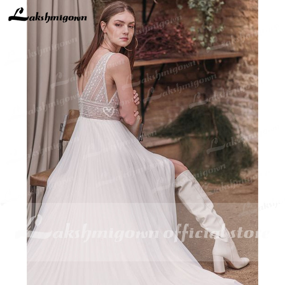 Baoleely vestido de novia sin espalda Deep V Neck Sexy Lace High Split Sleeveles Open Back Wedding Dresses vestido de fiesta de boda