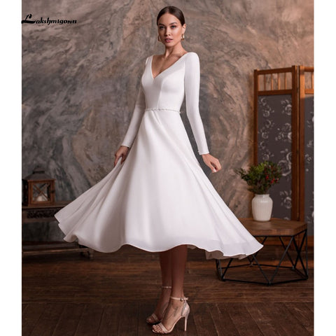 Baoleely robe de mariée courte courte longueur thé simple manches longues col en V robes de mariée avec boutons dos nu robe mariage