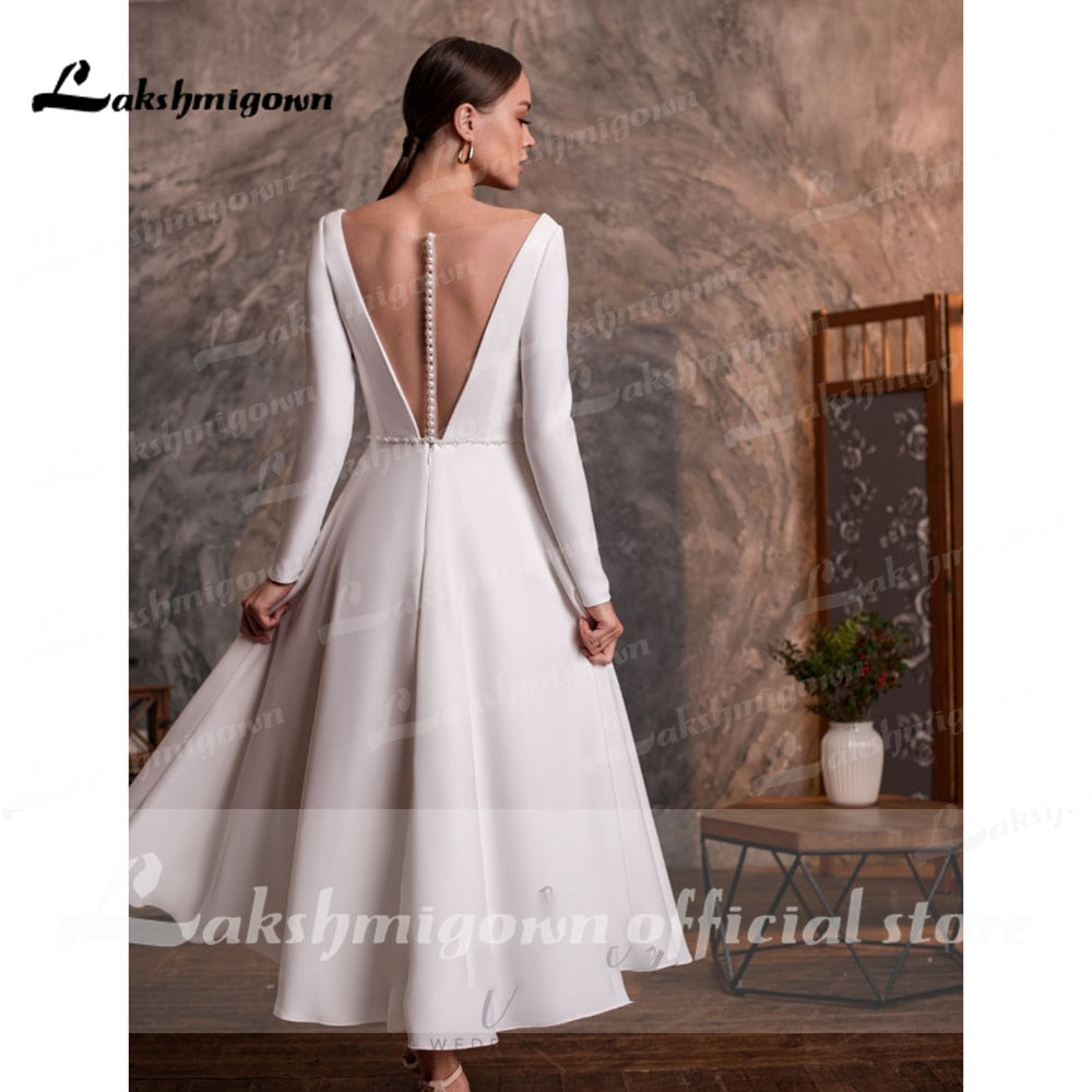Baoleely vestido de novia corto  Short Tea Length Simple Long Sleeve V Neck Wedding Dresses With Buttons Backless  robe mariage