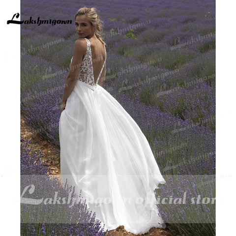 Baoleely V Neck Lace Sleeveless Open Back Elegant Wedding Dresses for women Beach Sweep Train robe de fête de mariage Lakshmigown