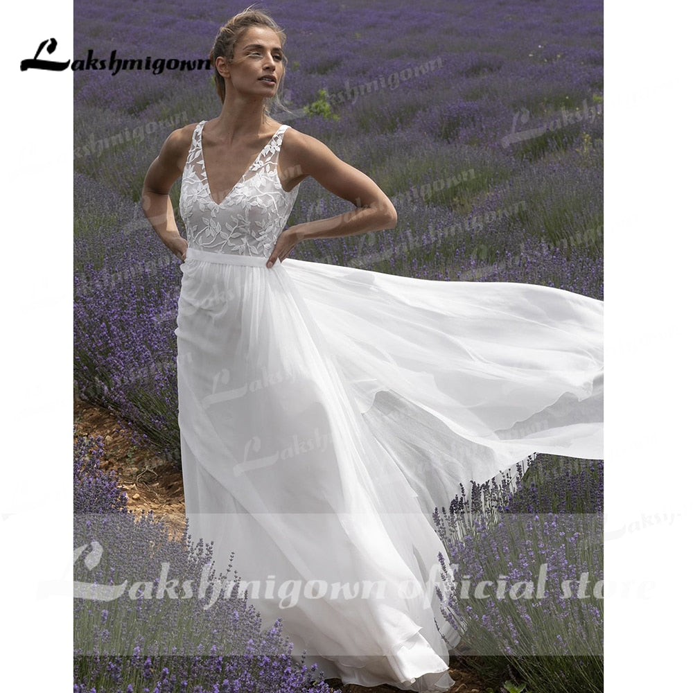 Baoleely V Neck Lace Sleeveless Open Back Elegant Wedding Dresses for women  Beach Sweep Train vestido de fiesta de boda Lakshmigown