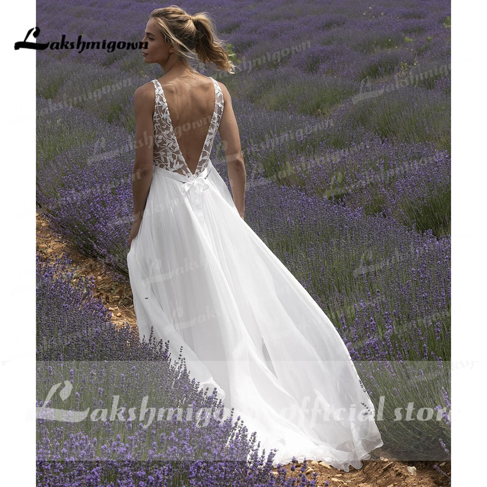 Baoleely V Neck Lace Sleeveless Open Back Elegant Wedding Dresses for women  Beach Sweep Train vestido de fiesta de boda Lakshmigown