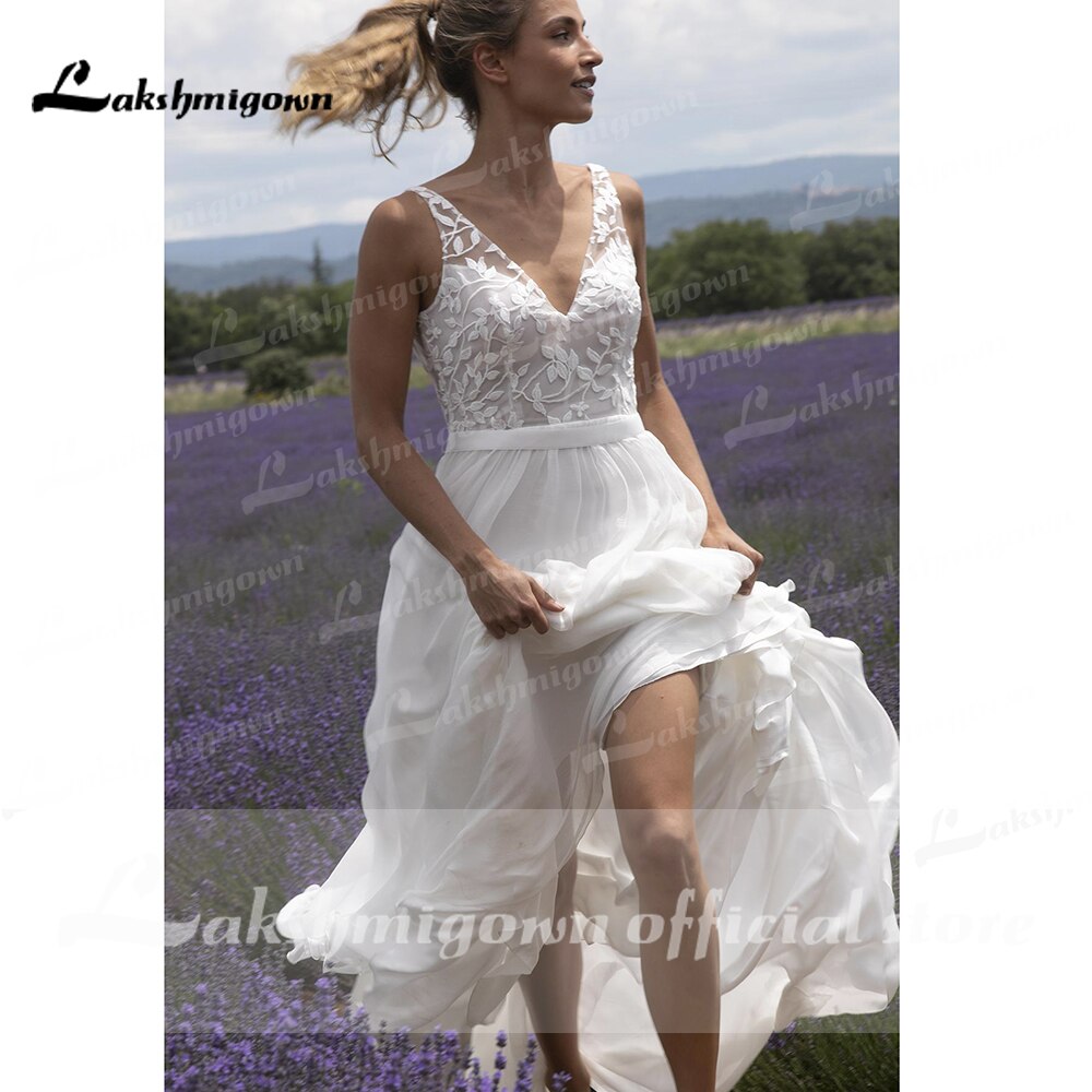 Baoleely V Neck Lace Sleeveless Open Back Elegant Wedding Dresses for women  Beach Sweep Train vestido de fiesta de boda Lakshmigown