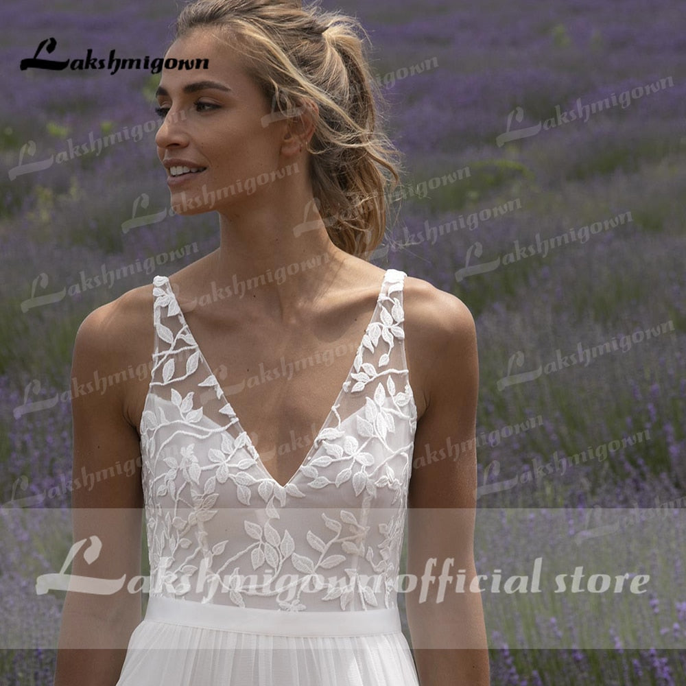 Baoleely V Neck Lace Sleeveless Open Back Elegant Wedding Dresses for women  Beach Sweep Train vestido de fiesta de boda Lakshmigown