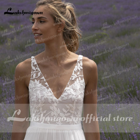 Baoleely V Neck Lace Sleeveless Open Back Elegant Wedding Dresses for women Beach Sweep Train robe de fête de mariage Lakshmigown