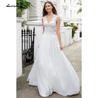 Baoleely vistidos de festa de casamento V Neck Sleeveless Lace Chiffon Wedding Dresses With Back Buttons vestido para boda playa