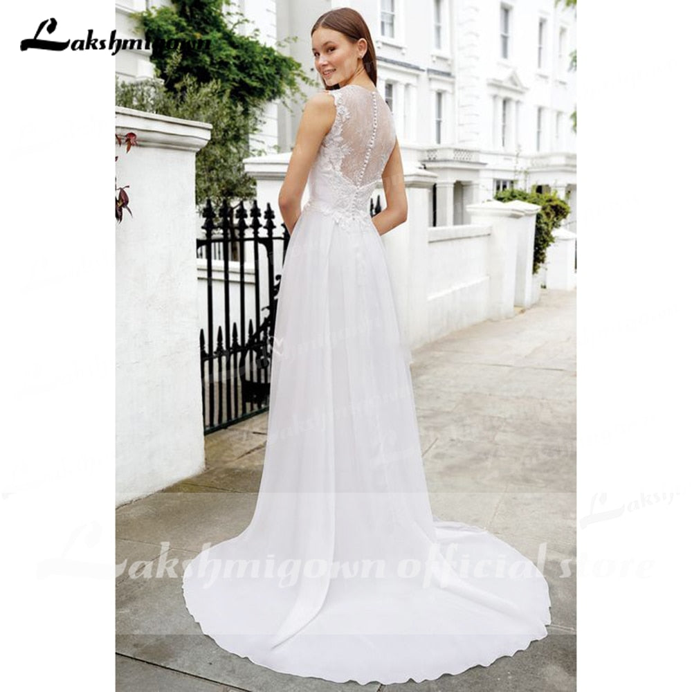 Baoleely vistidos de festa de casamento V Neck Sleeveless Lace Chiffon Wedding Dresses With Back Buttons vestido para boda playa