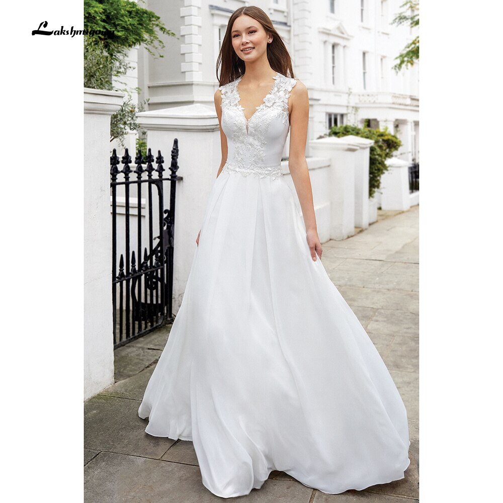 Baoleely vistidos de festa de casamento V Neck Sleeveless Lace Chiffon Wedding Dresses With Back Buttons vestido para boda playa