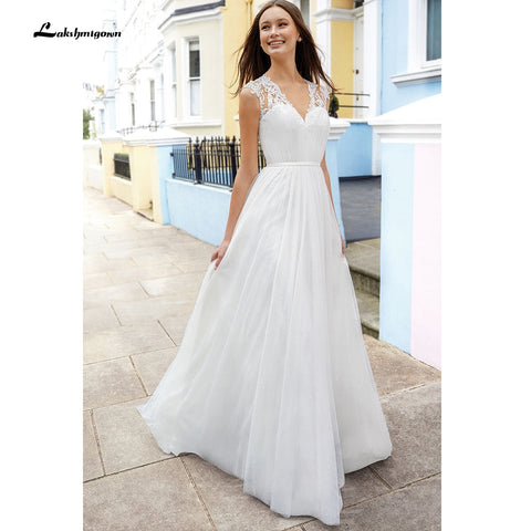 Baoleely vestido para boda playa sin mangas de encaje con cuello en V Simple Hobo vestido de novia sin espalda estilo bohemio vestido de fiesta de boda