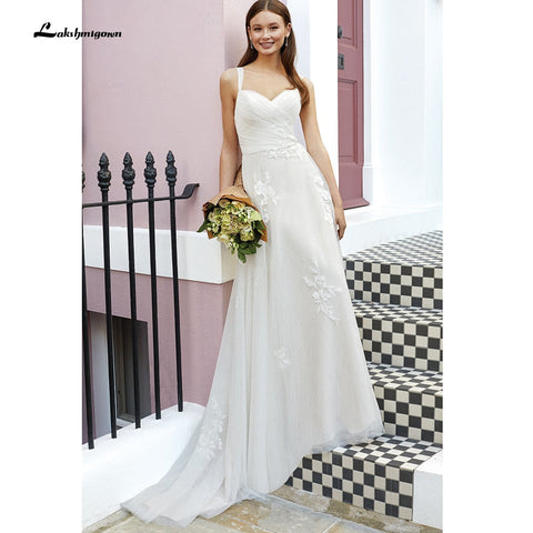 Vestido de novia Baoleely con pliegues, encaje, tirantes finos, hombros descubiertos, estilo boho, espalda descubierta, elegante.