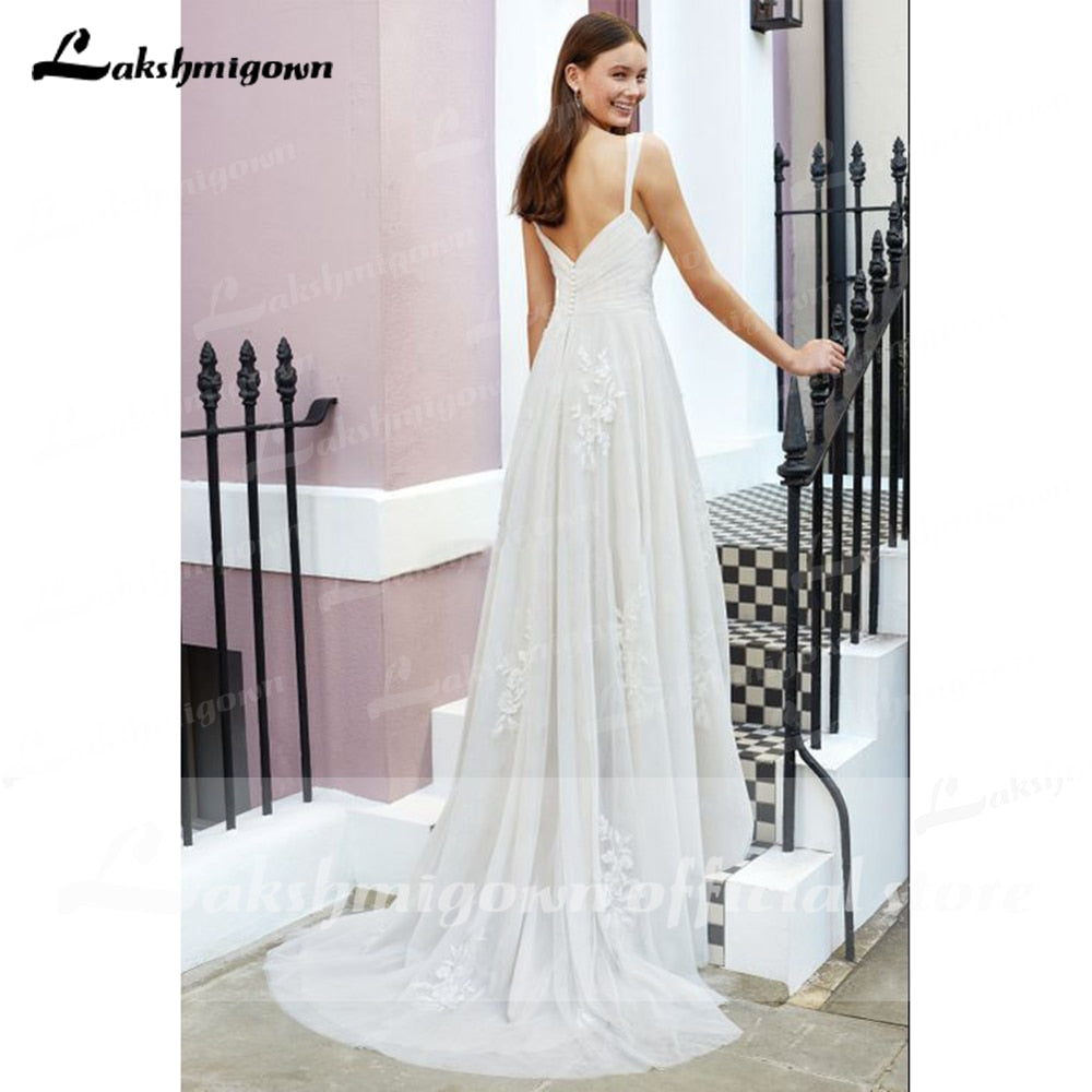 Baoleely vestido noiva  Pleats Lace Spaghetti Straps Off the Shoulder Boho Wedding Dresses Backless Elegant trajes de novias largos