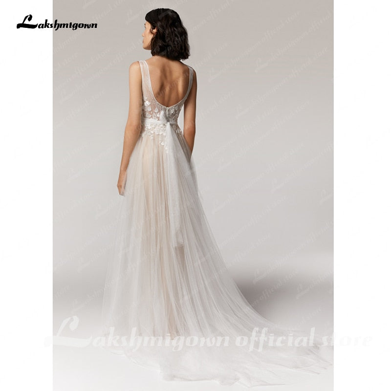 Baoleely Vintage Lace Wedding Dress Beach Summer  Vestito da Donna V Neck Sexy Bohemian Bridal Dress Backless
