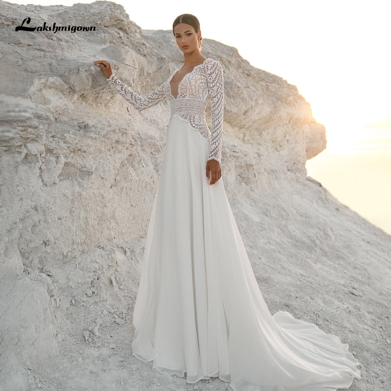Baoleely Vintage Lace Long Sleeves Boho Wedding Dresses  V Neck Bohemian Chiffon Bridal Dress Hochzeit Longue Robe